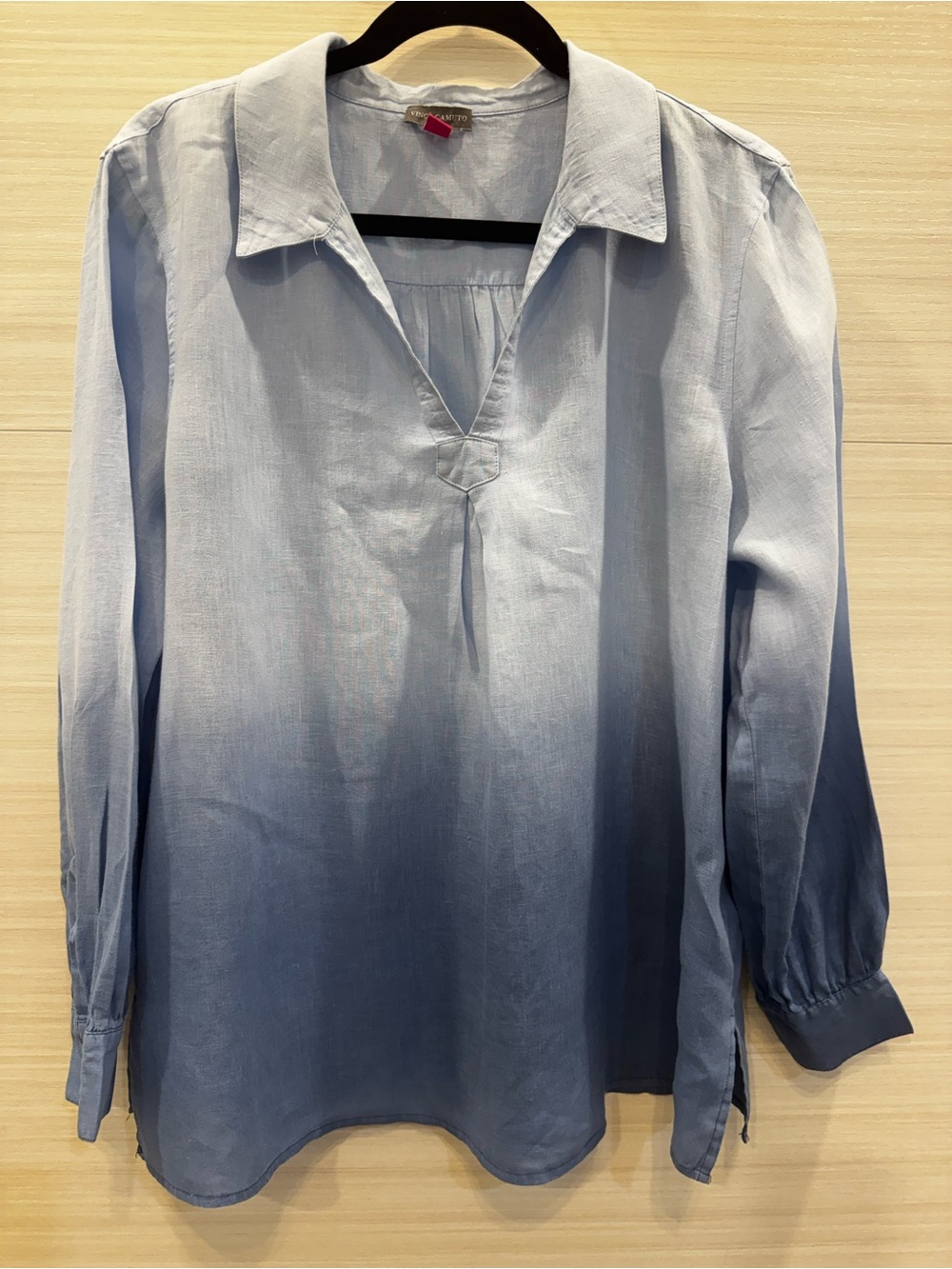 Vince Camuto Ombre Light-to-Deep Blue V-Neck Tunic Long Sleeve Coastal Linen
